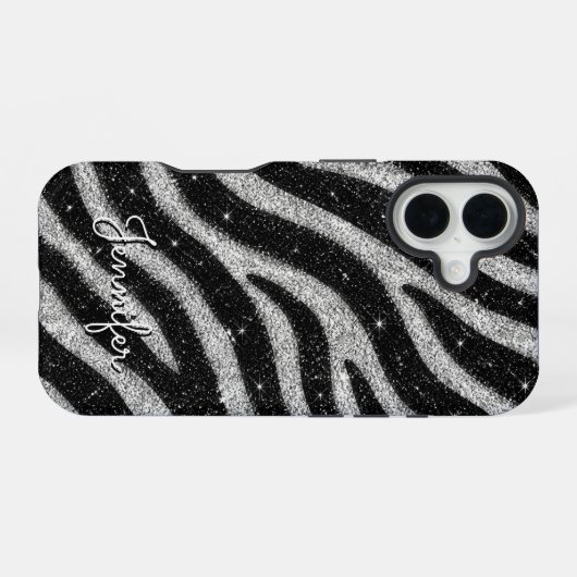 Silver Glitter Zebra Print Glam Personalized Name iPhone 16ケース (裏面横)