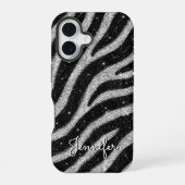 Silver Glitter Zebra Print Glam Personalized Name iPhone 16ケース (裏面)