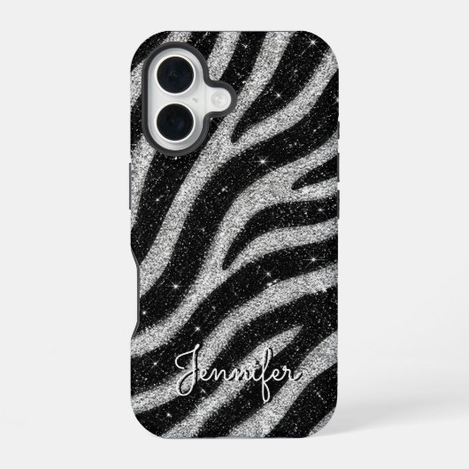 Silver Glitter Zebra Print Glam Personalized Name iPhone 16ケース (裏面)