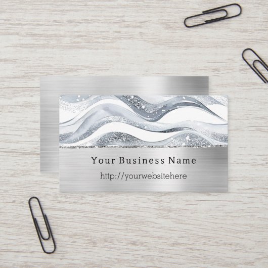Silver Glitzy Waves Stripes Business name website 名刺 (正面/裏面インサイチュ)