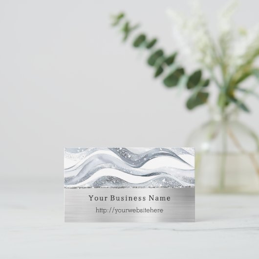 Silver Glitzy Waves Stripes Business name website 名刺 (スタンド正面)