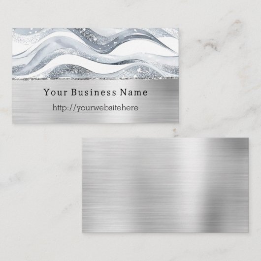 Silver Glitzy Waves Stripes Business name website 名刺 (正面/裏面)