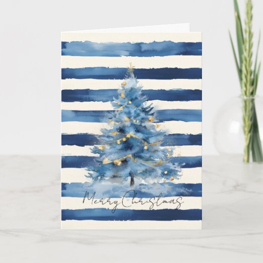 Silver Gold Blue Stripes Christmas Tree   カード (正面)