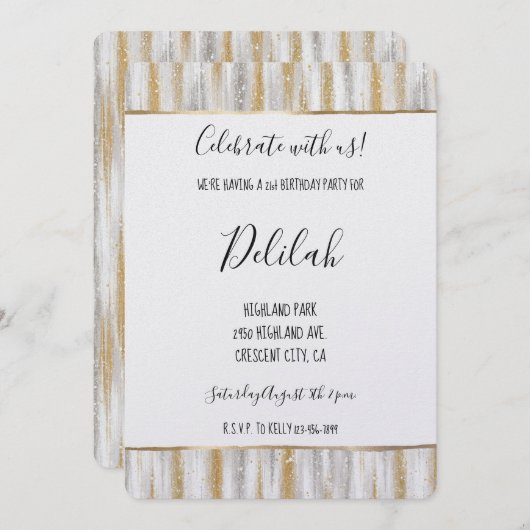 Silver Gold Glam Stripes Birthday 招待状 (正面/裏面)