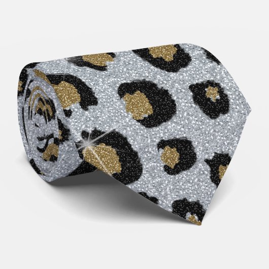 Silver Gold Glitter Black Leopard Print ネクタイ (ロール)