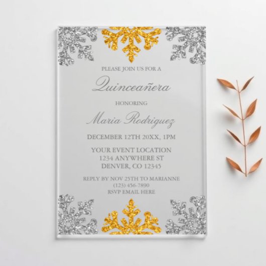 Silver Gold Snowflake Winter Quinceanera アクリル招待状