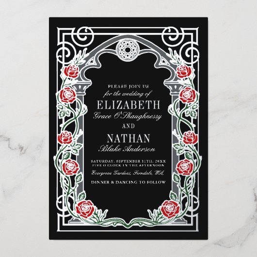 Silver Gothic Roses Cathedral Frame Wedding  箔招待状 (正面)