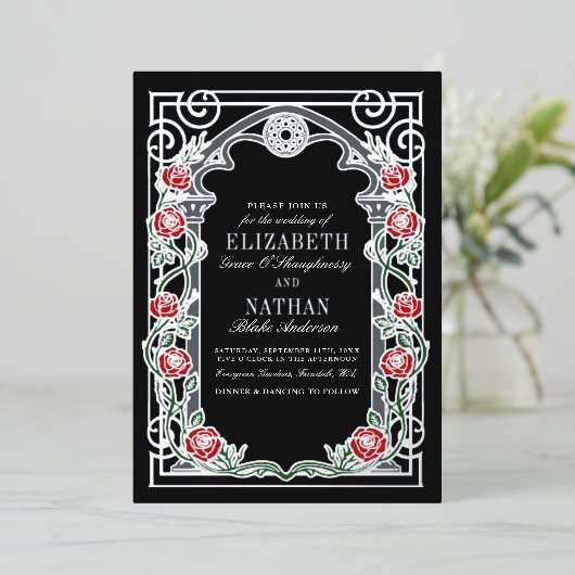 Silver Gothic Roses Cathedral Frame Wedding 箔招待状 (立ち正面)