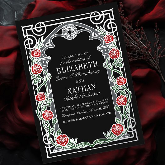 Silver Gothic Roses Cathedral Frame Wedding  箔招待状