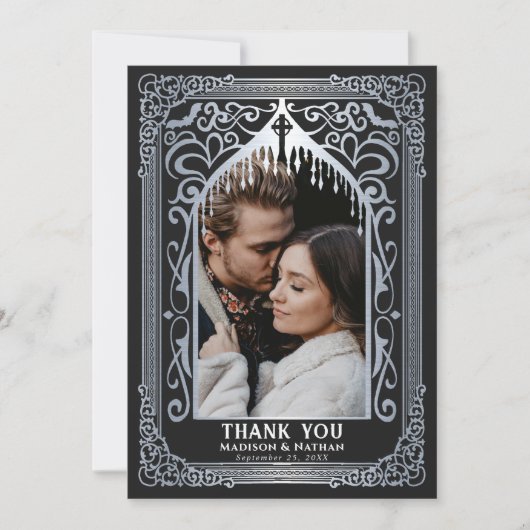 Silver Gothic Vampire Cathedral Photo Wedding サンキューカード (正面)