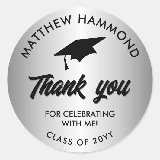 Silver Graduating Class Thank You Grad Cap ラウンドシール (正面)