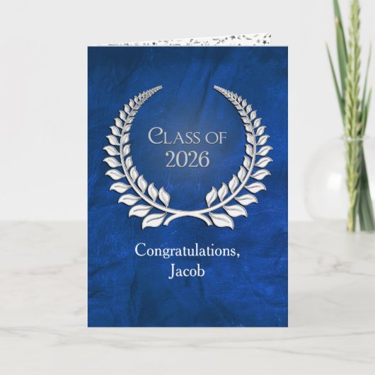 Silver Graduation 2026 Laurel Wreath On Blue カード (正面)