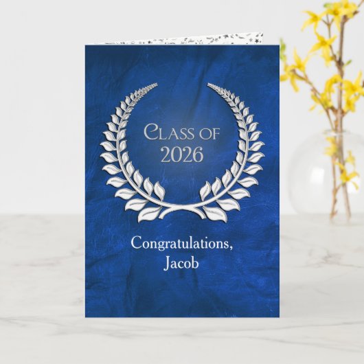 Silver Graduation 2026 Laurel Wreath On Blue カード (黄色い花)