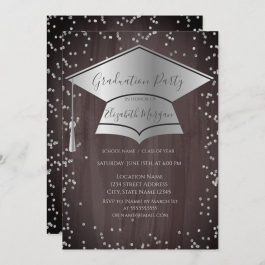 Silver Graduation Cap,Diamonds Brown Graduation 招待状 (正面/裏面)