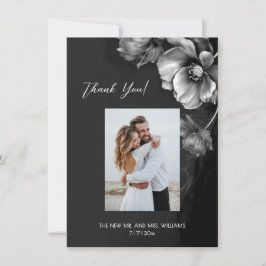 Silver Gray Black Floral Wedding Thank You サンキューカード