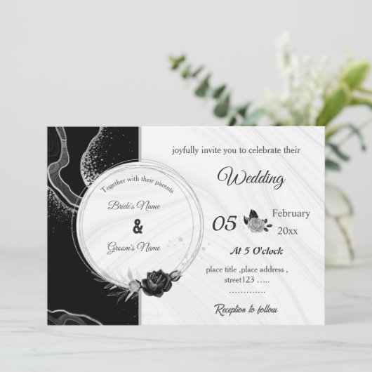 silver gray & black flowers botanical wedding 招待状 (スタンド正面)