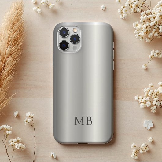 Silver Gray Brushed Faux Metallic Monogram Initial Case-Mate iPhoneケース