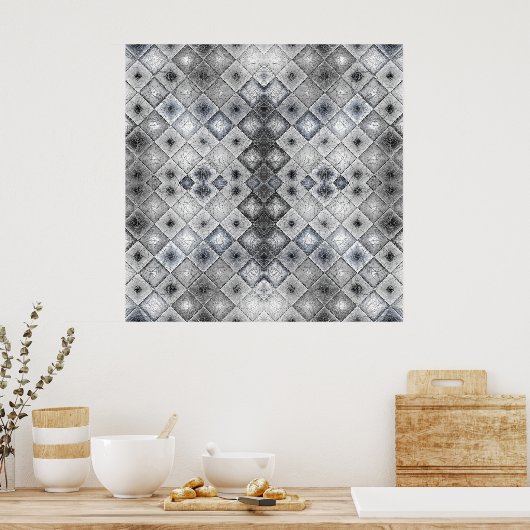 Silver & Gray Geometric Abstract Lattice Texture ポスター (キッチン)