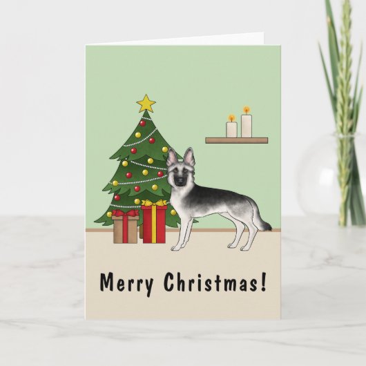 Silver Gray German Shepherd Festive Christmas Tree カード (正面)