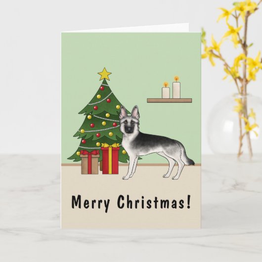 Silver Gray German Shepherd Festive Christmas Tree カード (黄色い花)