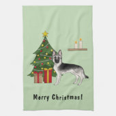 Silver Gray German Shepherd Festive Christmas Tree キッチンタオル (縦)