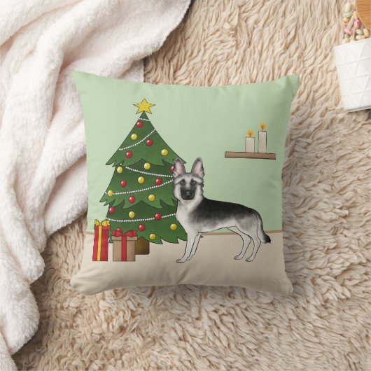 Silver Gray German Shepherd Festive Christmas Tree クッション (ブランケット)