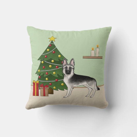 Silver Gray German Shepherd Festive Christmas Tree クッション (裏面)