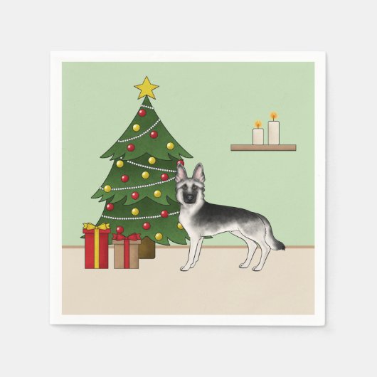 Silver Gray German Shepherd Festive Christmas Tree スタンダードカクテルナプキン (正面)