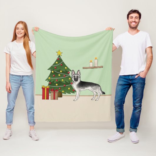 Silver Gray German Shepherd Festive Christmas Tree フリースブランケット (インサイチュ)