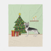 Silver Gray German Shepherd Festive Christmas Tree フリースブランケット (正面)