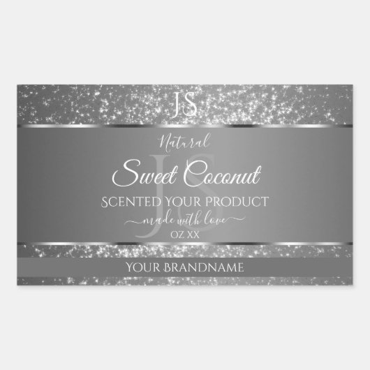 Silver Gray Glitter Stars Initials Product Labels 長方形シール (正面)