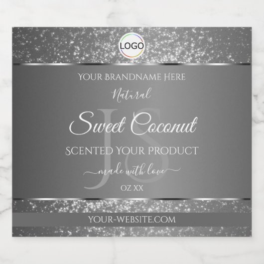 Silver Gray Logo Initials Glitter Product Labels リキュールボトルラベル (シングルラベル)