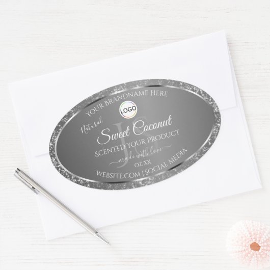 Silver Gray Logo Initials Glitter Product Labels 楕円形シール (封筒)