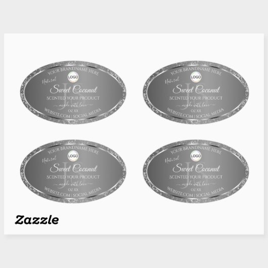 Silver Gray Logo Initials Glitter Product Labels 楕円形シール (シート)