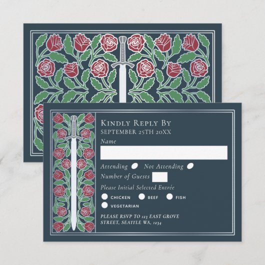 Silver Gray Medieval Floral Sword Wedding RSVP (正面/裏面)