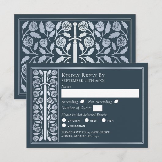 Silver Gray Medieval Sword Wedding RSVP (正面/裏面)