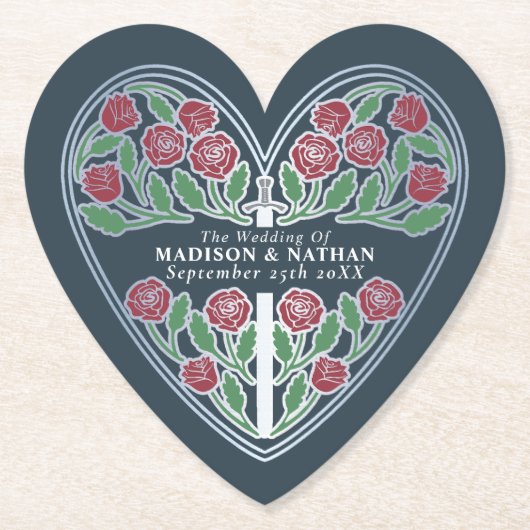 Silver Gray Royal Medieval Floral Sword Wedding ペーパーコースター (正面)