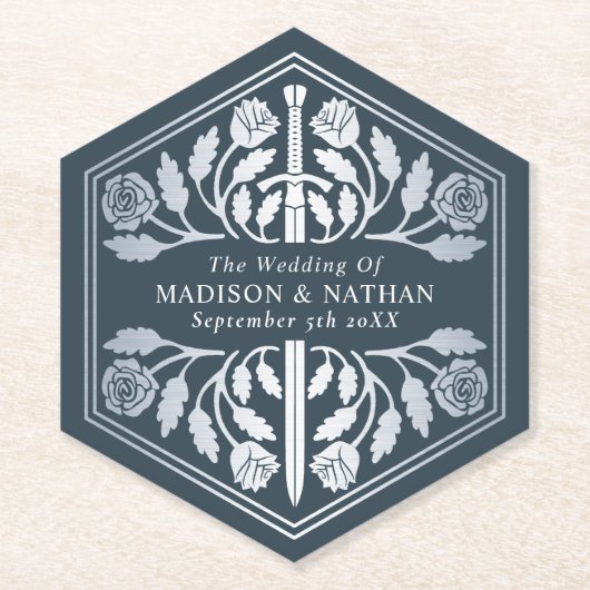 Silver Gray Royal Medieval Sword Wedding ペーパーコースター (正面)