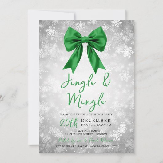 Silver Green Jingle Mingle Xmas Party Bow Snow 招待状 (正面)