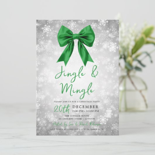 Silver Green Jingle Mingle Xmas Party Bow Snow 招待状 (スタンド正面)