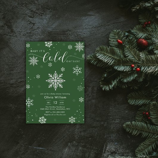 Silver Green Magical Winter Snowflake Baby Shower  招待状