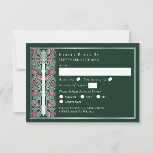 Silver Green Medieval Floral Sword Wedding RSVP (正面)
