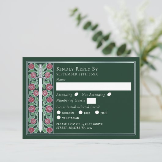 Silver Green Medieval Floral Sword Wedding RSVP (スタンド正面)