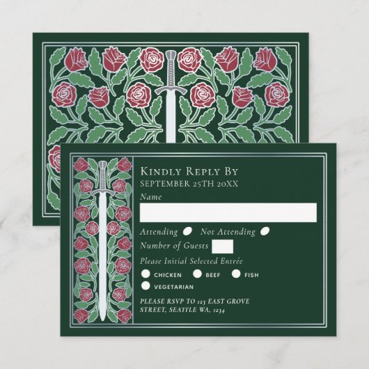 Silver Green Medieval Floral Sword Wedding RSVP (正面/裏面)