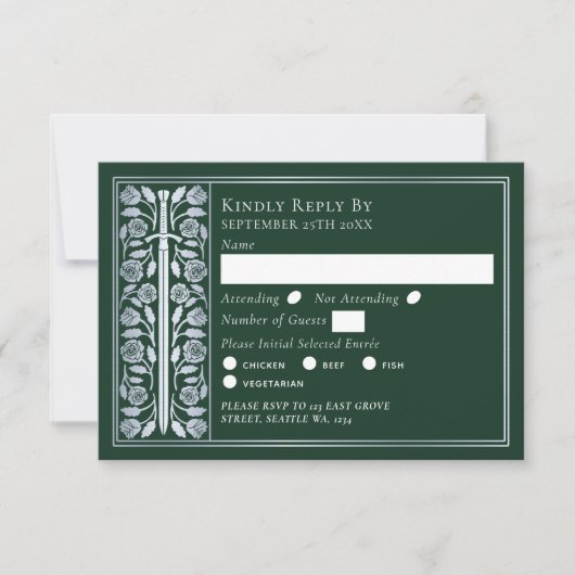 Silver Green Medieval Sword Wedding RSVP (正面)