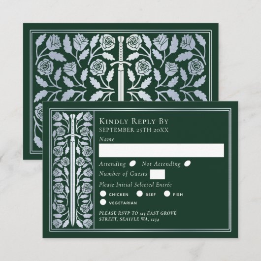Silver Green Medieval Sword Wedding RSVP (正面/裏面)