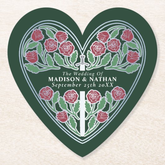 Silver Green Royal Medieval Floral Sword Wedding ペーパーコースター (正面)