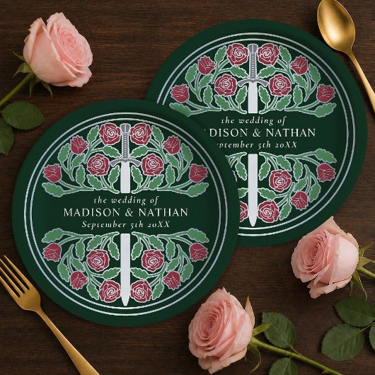 Silver Green Royal Medieval Floral Sword Wedding  ペーパープレート