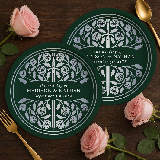 Silver Green Royal Medieval Sword Wedding  ペーパープレート