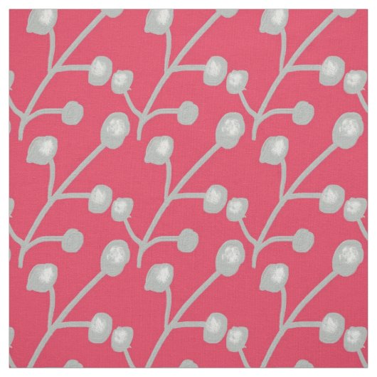 Silver Grey Patterned Foliage on Bright Pink Red ファブリック (見本)